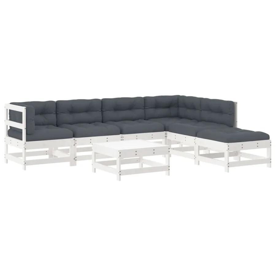 Salon de jardin 7 pcs avec coussins blanc bois massif - 2
