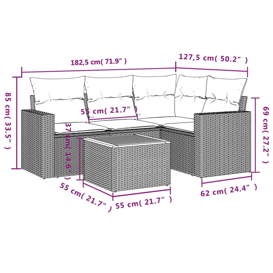 Salon de jardin 5 pcs avec coussins gris résine tressée - 3