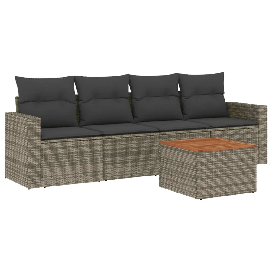 Salon de jardin 5 pcs avec coussins gris résine tressée - 2