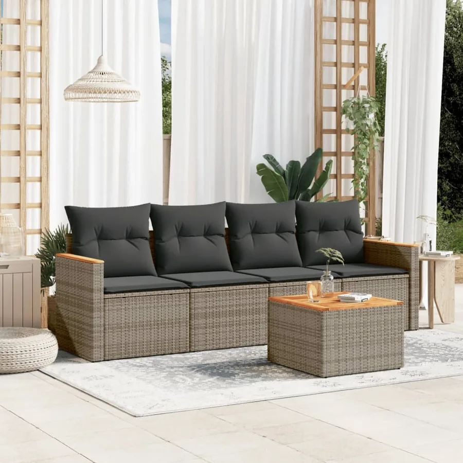 Salon de jardin 5 pcs avec coussins gris résine tressée