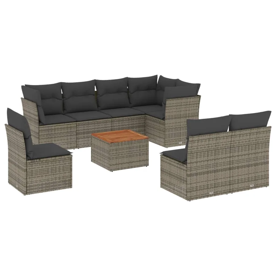 Salon de jardin 9 pcs avec coussins gris résine tressée - 2