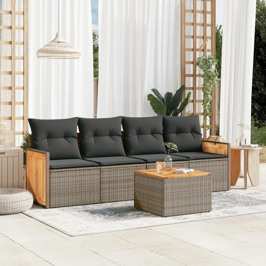 Salon de jardin 5 pcs avec coussins gris résine tressée