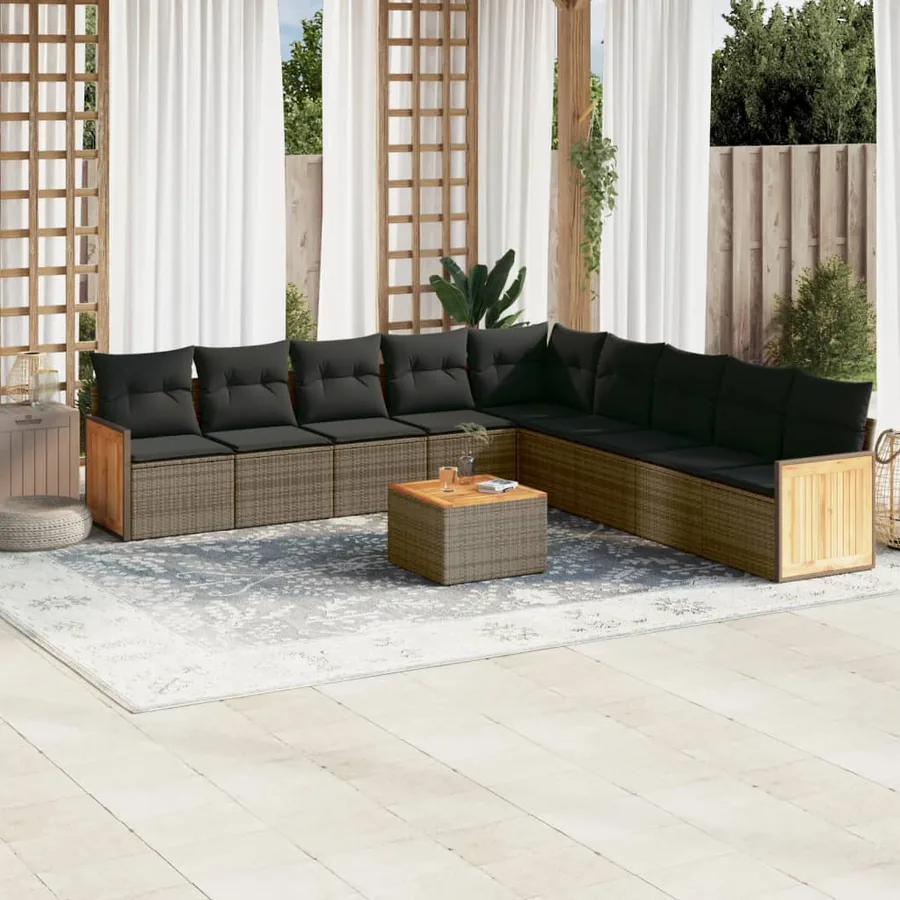 Salon de jardin avec coussins 10 pcs gris résine tressée