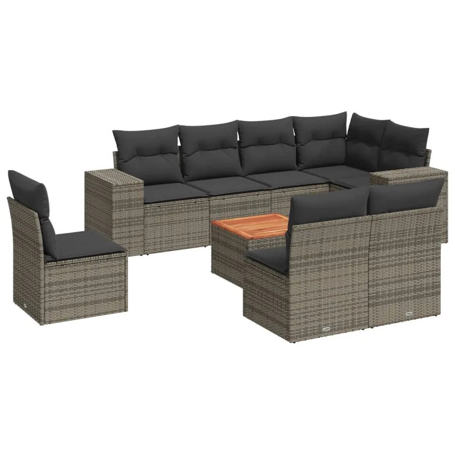 Salon de jardin 9 pcs avec coussins gris résine tressée - 2