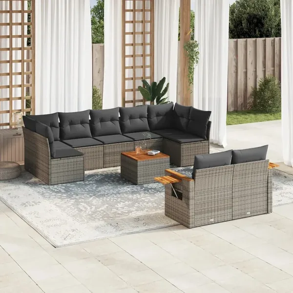Salon de jardin avec coussins 10 pcs gris résine tressée