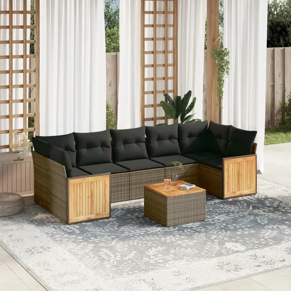 Salon de jardin 8 pcs avec coussins gris résine tressée