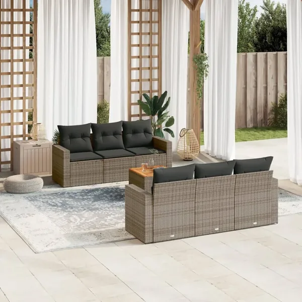 Salon de jardin avec coussins 7 pcs gris résine tressée