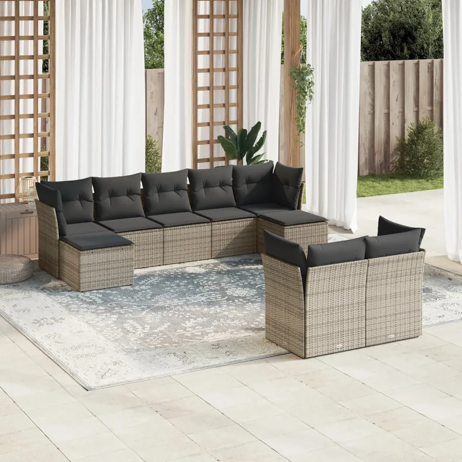 Salon de jardin 9 pcs avec coussins gris résine tressée