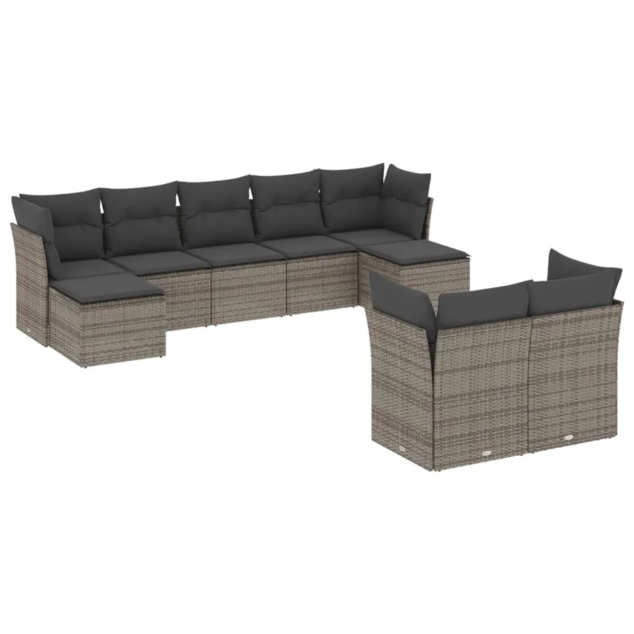 Salon de jardin 9 pcs avec coussins gris résine tressée - 2
