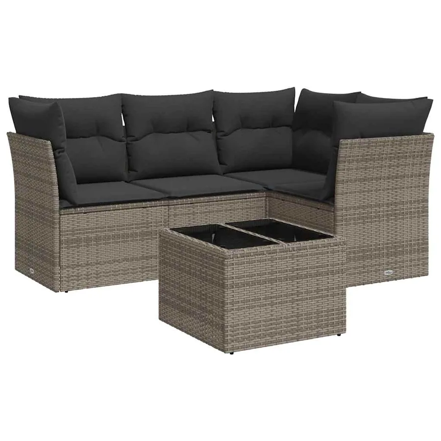 Salon de jardin 5 pcs avec coussins gris résine tressée - 2