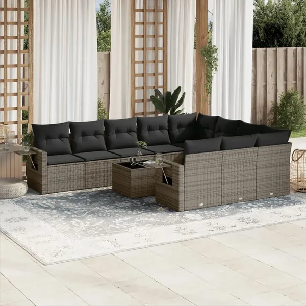 Salon de jardin 11 pcs avec coussins gris résine tressée