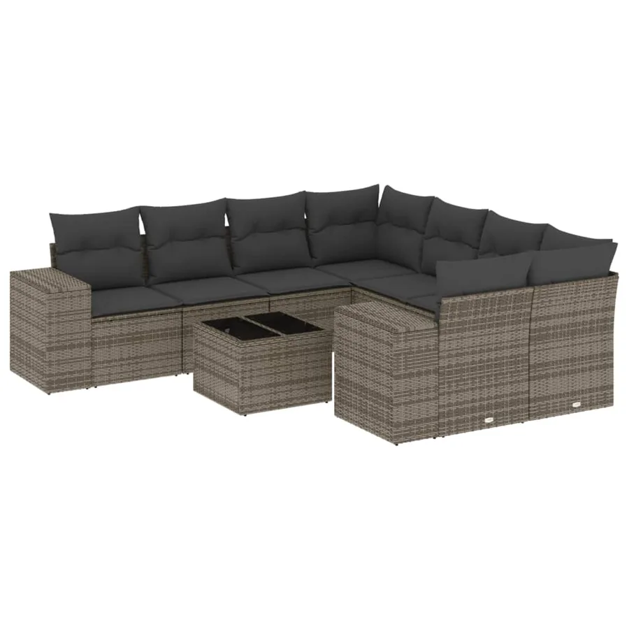 Salon de jardin 9 pcs avec coussins gris résine tressée - 2