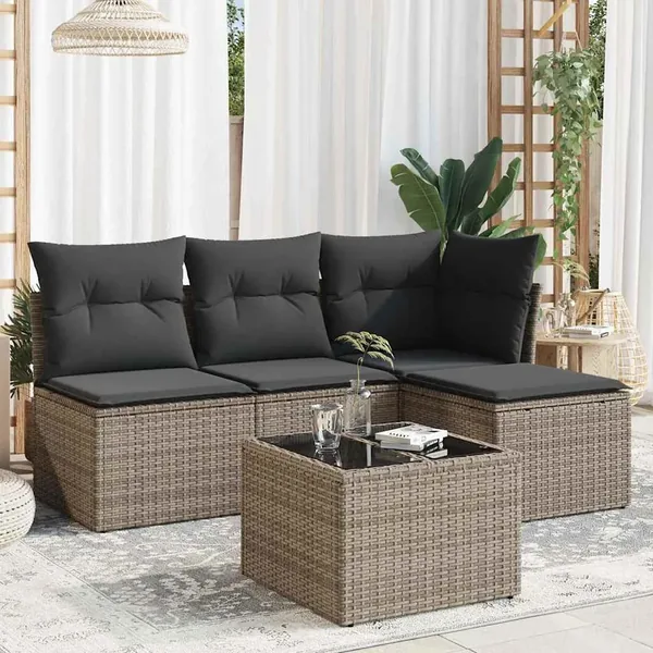 Salon de jardin 5 pcs avec coussins gris résine tressée