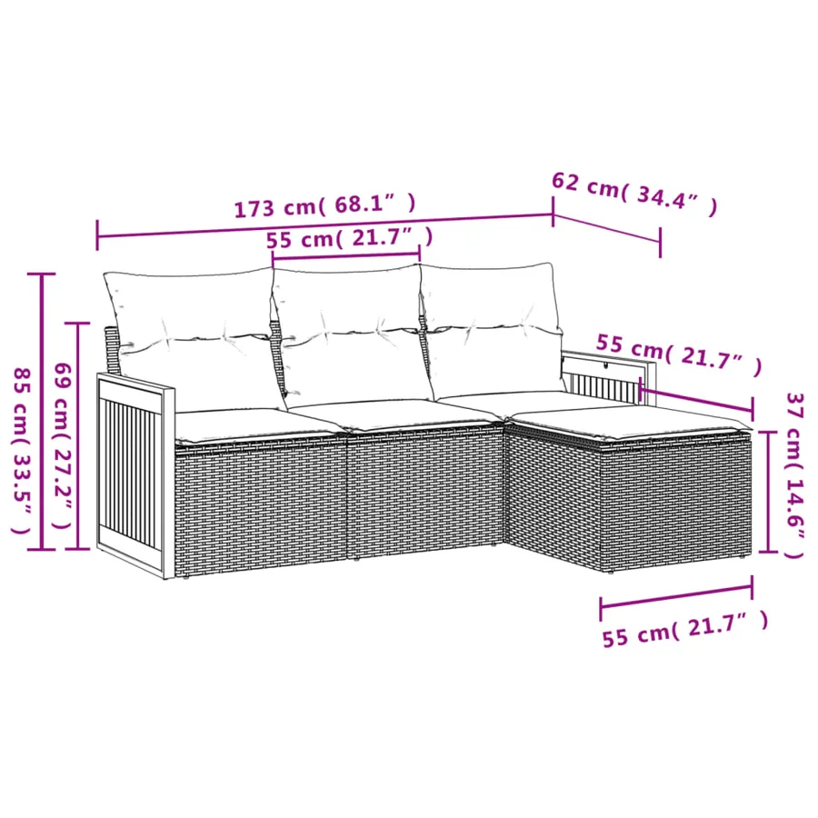 Salon de jardin 4 pcs avec coussins gris résine tressée - 3