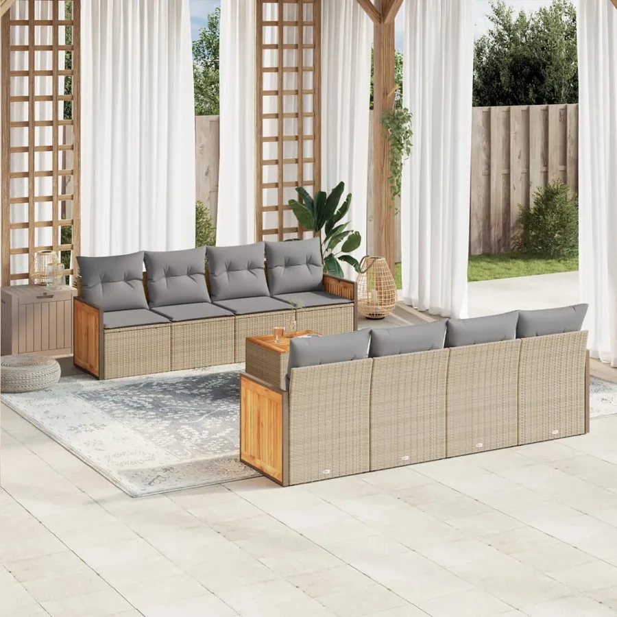 Salon de jardin avec coussins 9 pcs beige résine tressée