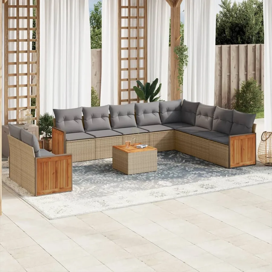 Salon de jardin 11 pcs avec coussins beige résine tressée