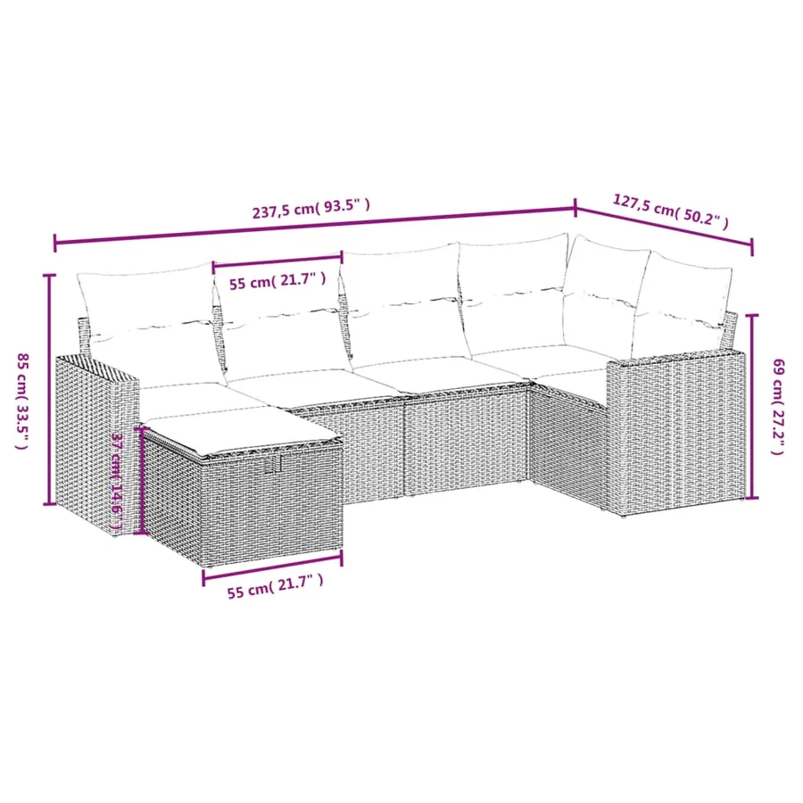 Salon de jardin 6 pcs avec coussins gris résine tressée - 4