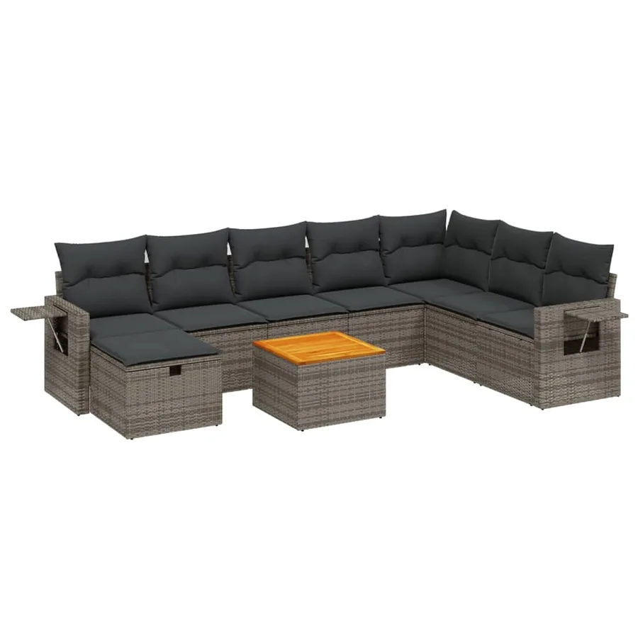 Salon de jardin 9 pcs avec coussins gris résine tressée - 2