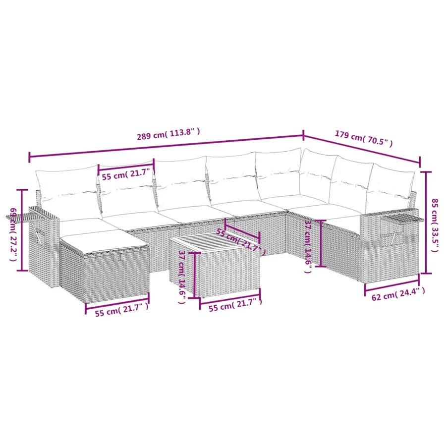 Salon de jardin 9 pcs avec coussins gris résine tressée - 4