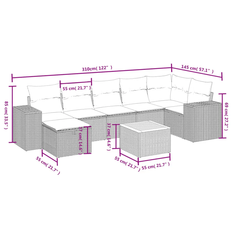 Salon de jardin 8 pcs avec coussins gris résine tressée - 4