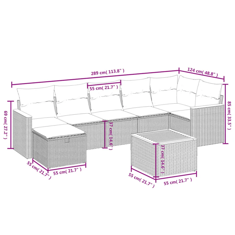 Salon de jardin 8 pcs avec coussins gris résine tressée - 4