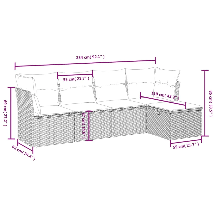 Salon de jardin 5 pcs avec coussins gris résine tressée - 4