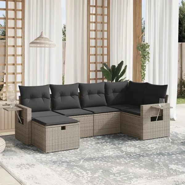 Salon de jardin 6 pcs avec coussins gris résine tressée