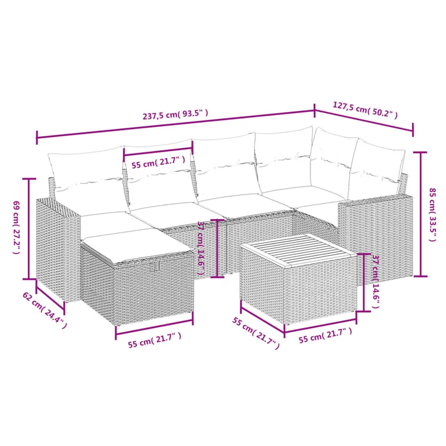 Salon de jardin avec coussins 7 pcs gris résine tressée - 4