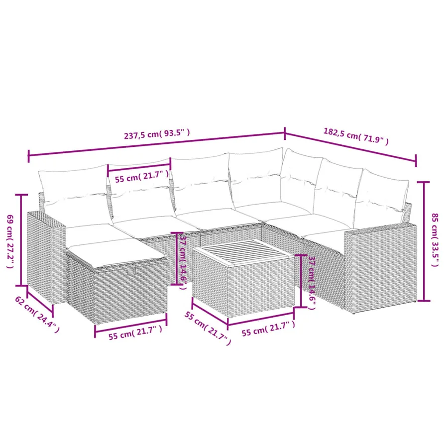 Salon de jardin 8 pcs avec coussins gris résine tressée - 4