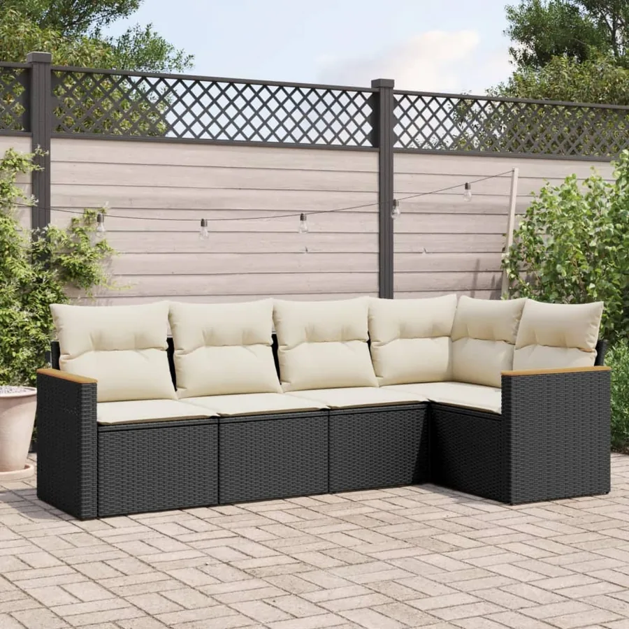 Salon de jardin 5 pcs avec coussins noir résine tressée