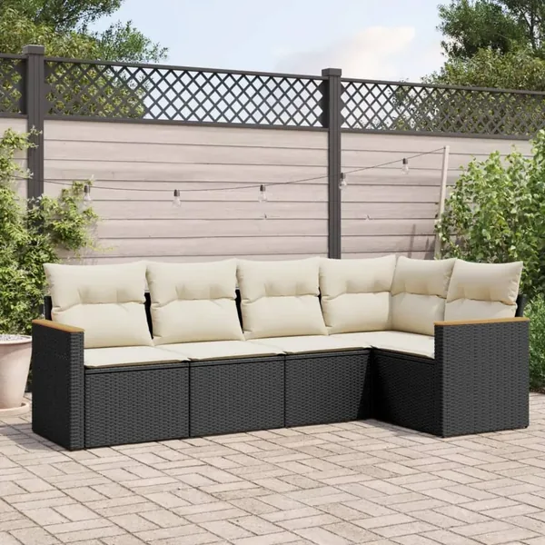 Salon de jardin 5 pcs avec coussins noir résine tressée
