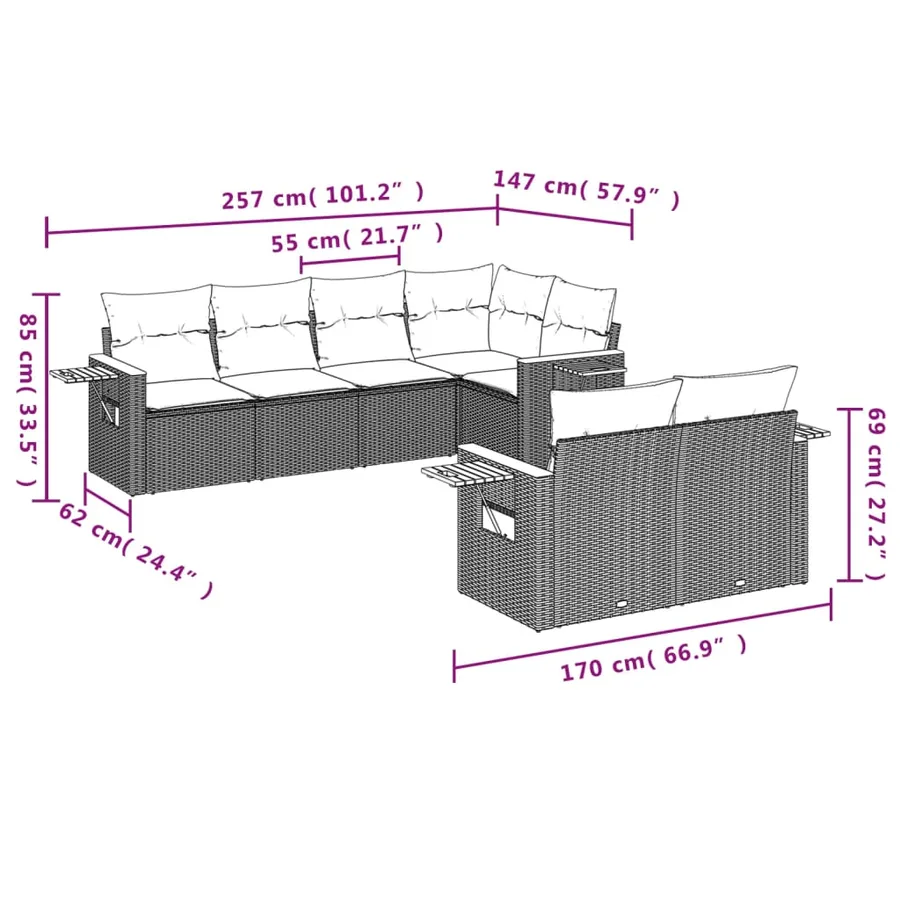 Salon de jardin 7 pcs avec coussins noir résine tressée 62 x 62 x 69 cm - 67,0 kg - 3
