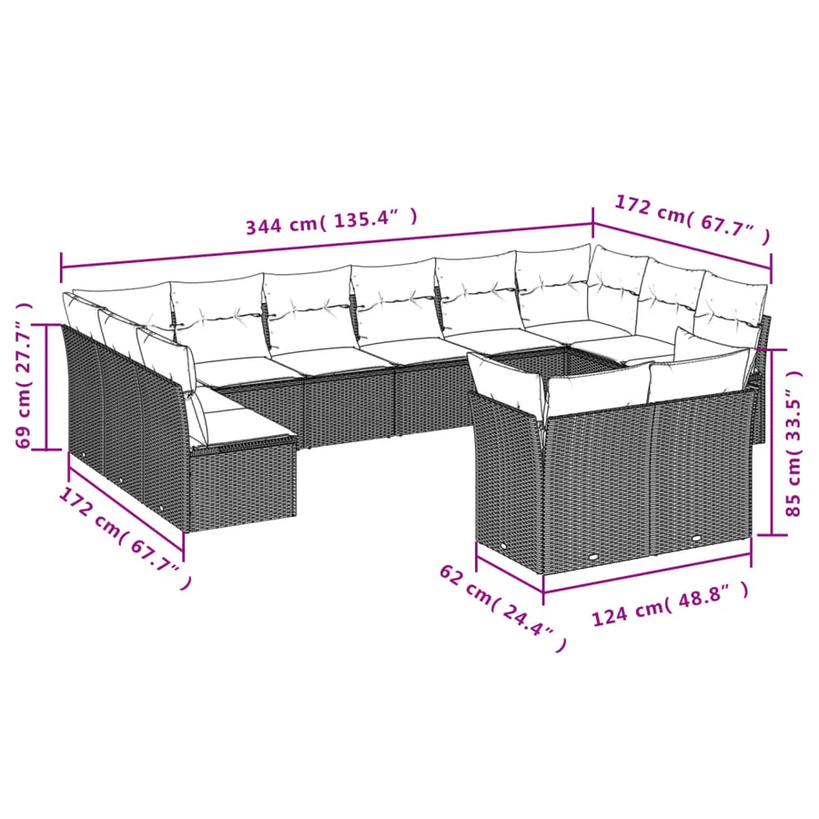 Salon de jardin 12 pcs avec coussins noir résine tressée - 3