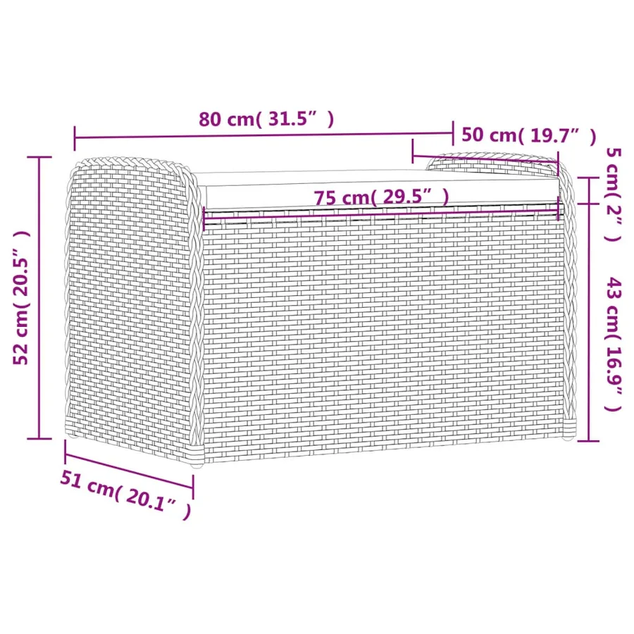 Banc de rangement avec coussin noir 80x51x52 cm résine tressée - 11