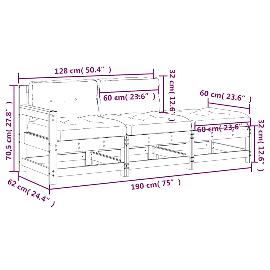 Salon de jardin 3 pcs avec coussins bois de pin imprégné - 9