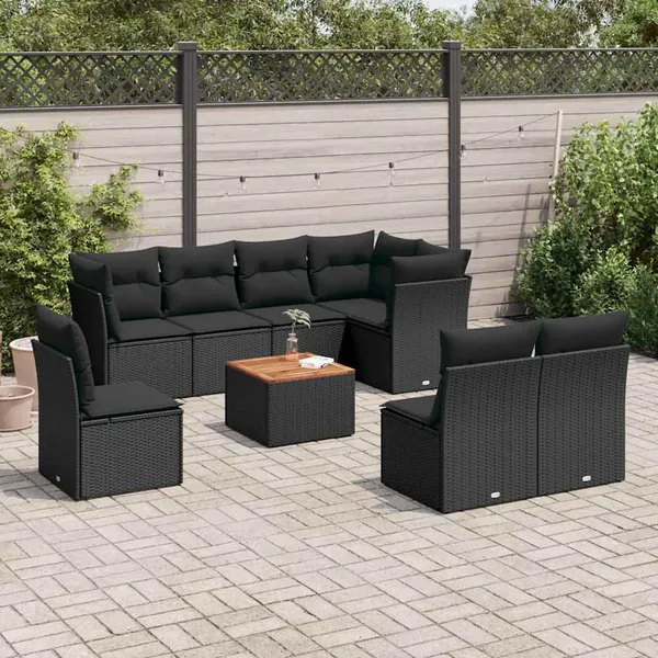 Salon de jardin 9 pcs avec coussins noir résine tressée