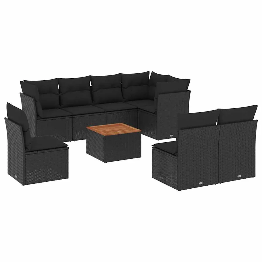 Salon de jardin 9 pcs avec coussins noir résine tressée - 2
