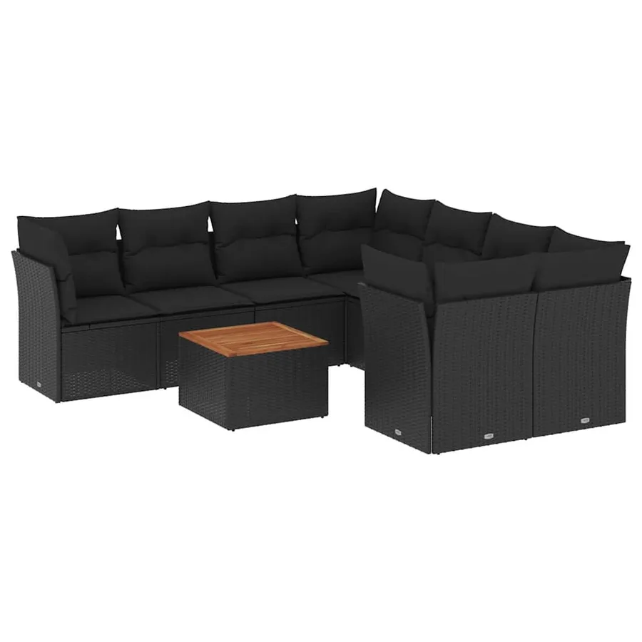Salon de jardin 9 pcs avec coussins noir résine tressée - 2