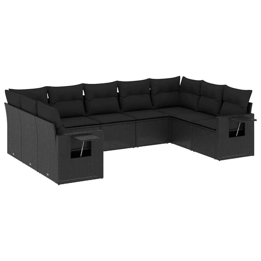 Salon de jardin 9 pcs avec coussins noir résine tressée - 2