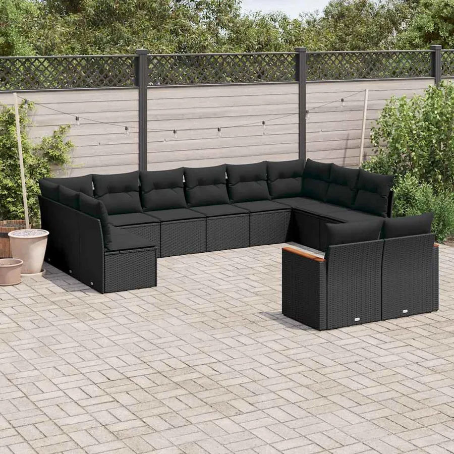 Salon de jardin 12 pcs avec coussins noir résine tressée