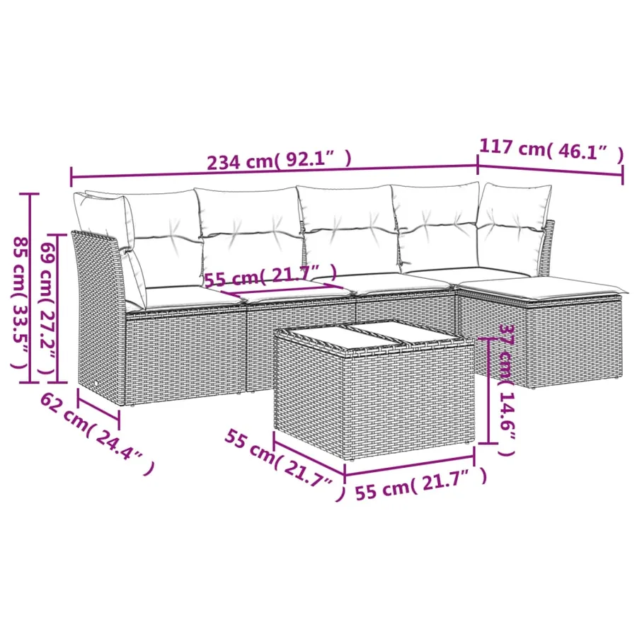Salon de jardin 6 pcs avec coussins noir résine tressée - 3
