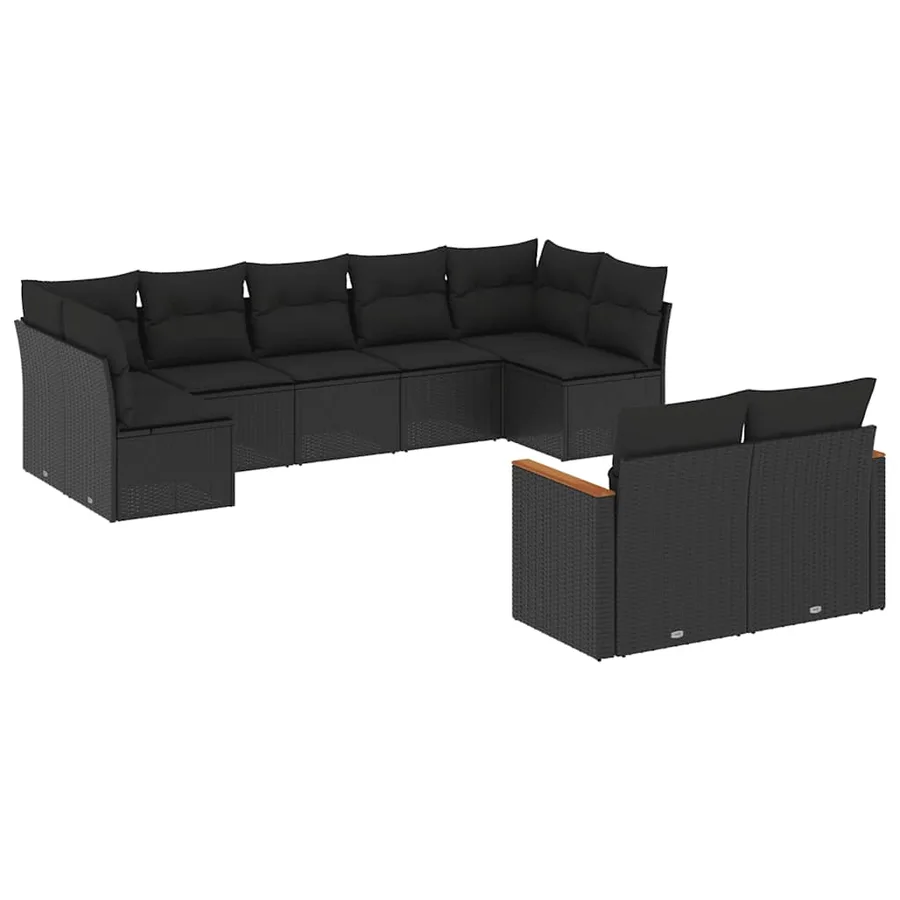 Salon de jardin 9 pcs avec coussins noir résine tressée - 2