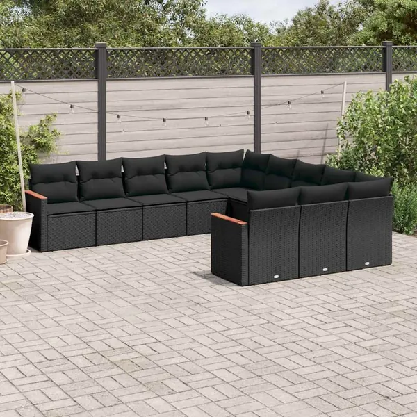 Salon de jardin 11 pcs avec coussins noir résine tressée