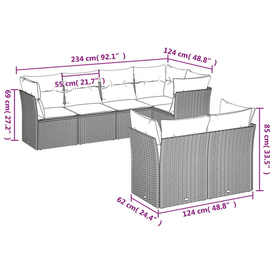 Salon de jardin 7 pcs avec coussins noir résine tressée 62 x 62 x 69 cm - 64,0 kg - 3