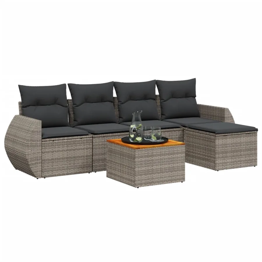 Salon de jardin 6 pcs avec coussins gris résine tressée - 2
