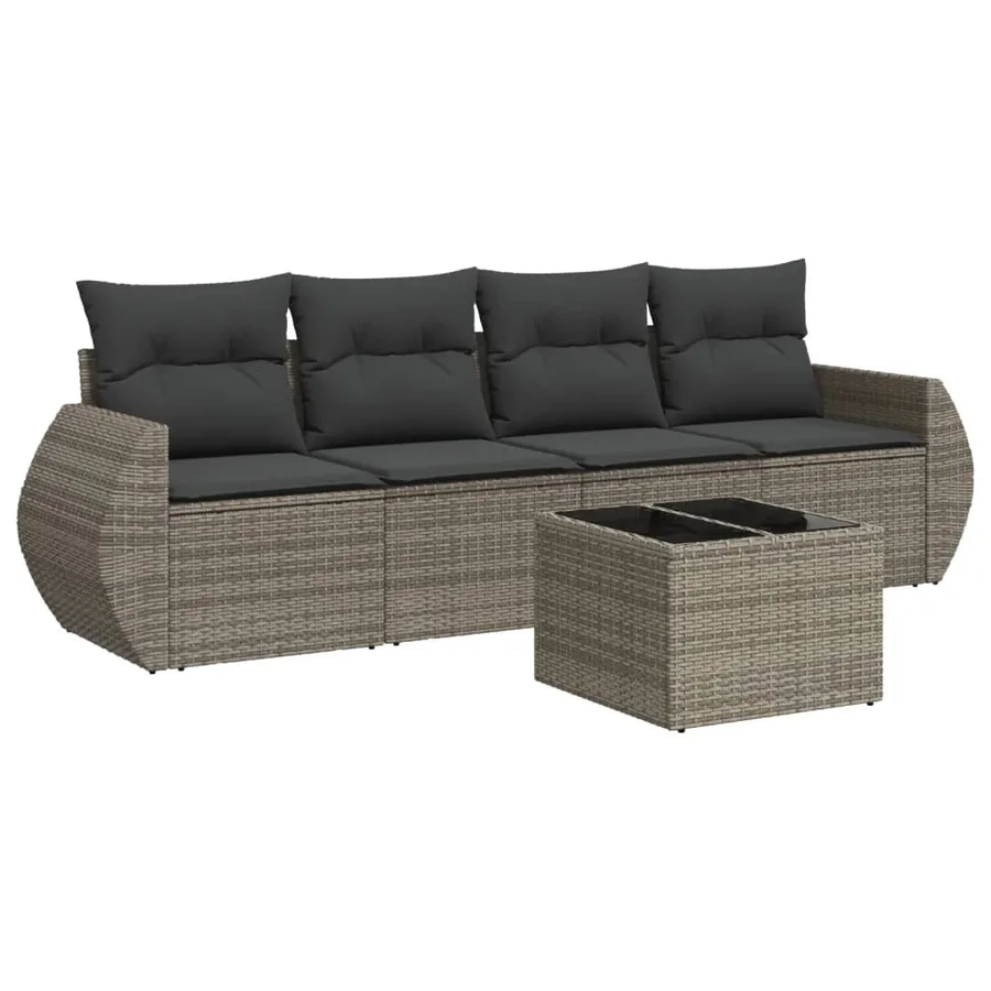 Salon de jardin 5 pcs avec coussins gris résine tressée - 2