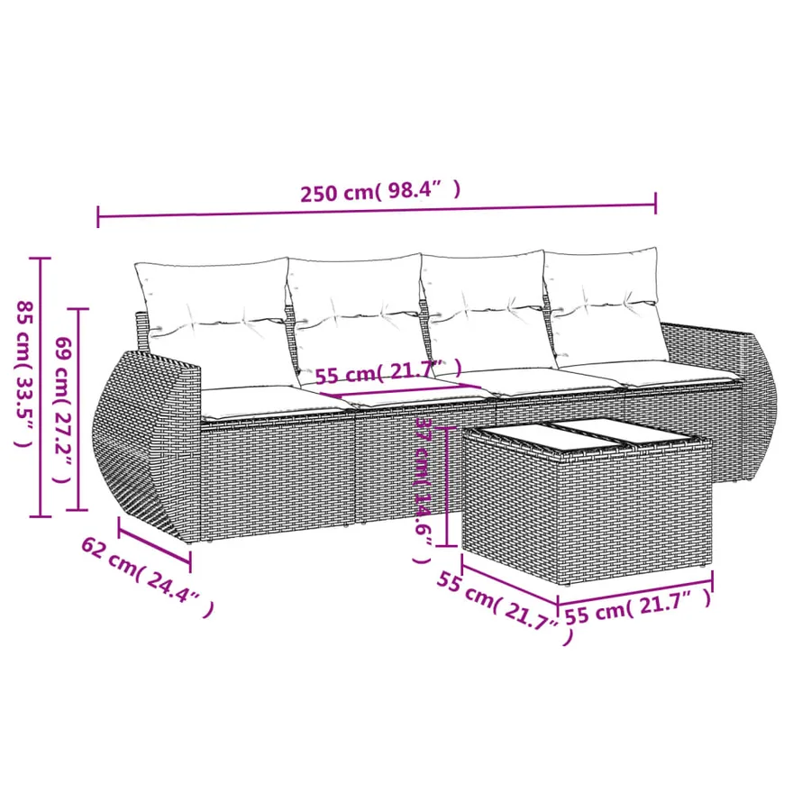 Salon de jardin 5 pcs avec coussins gris résine tressée - 3