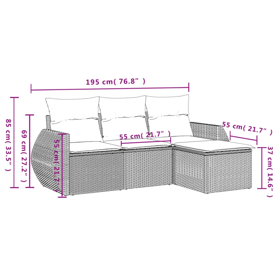 Salon de jardin 4 pcs avec coussins gris résine tressée - 3