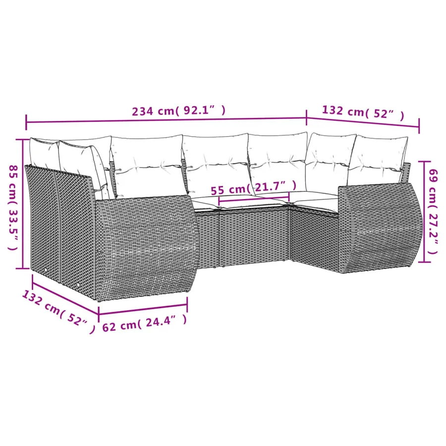 Salon de jardin 6 pcs avec coussins gris résine tressée - 7