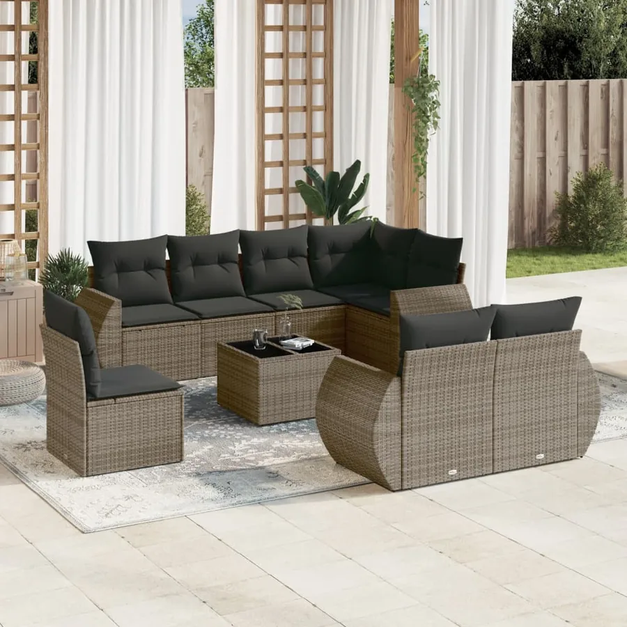 Salon de jardin 9 pcs avec coussins gris résine tressée